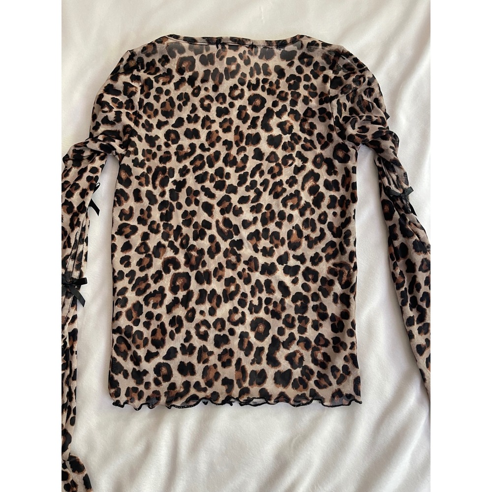 Full Tilt Leopard Mesh Top Long Sleeve Bow Cold Shoulder Brown Animal Print S - Picture 9 of 9